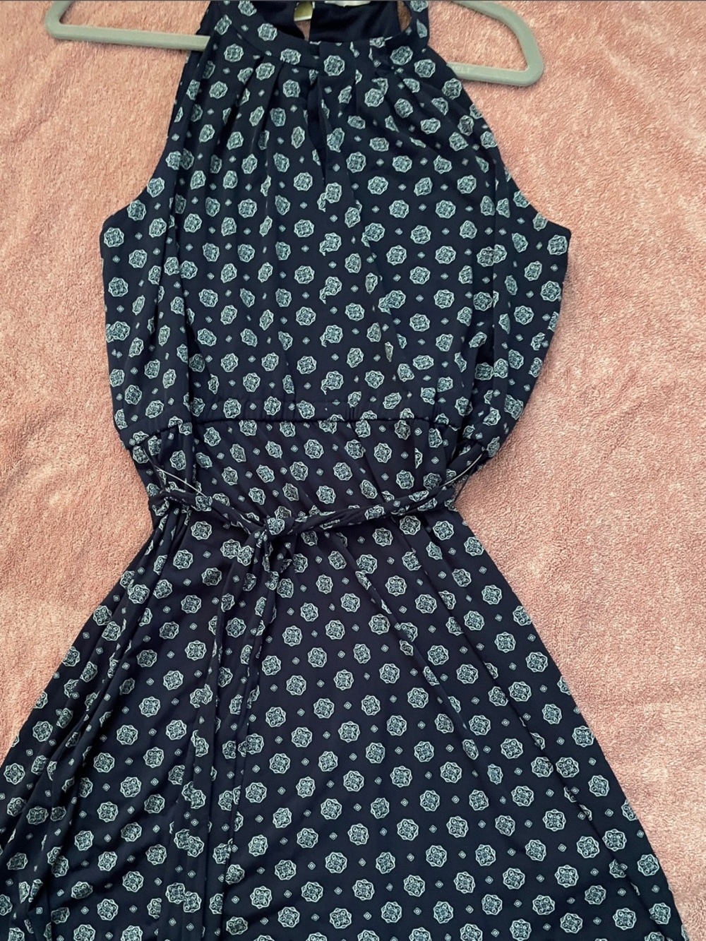 Michael Kors Navy Halter Midi Dress with Light Blue Floral Medallions